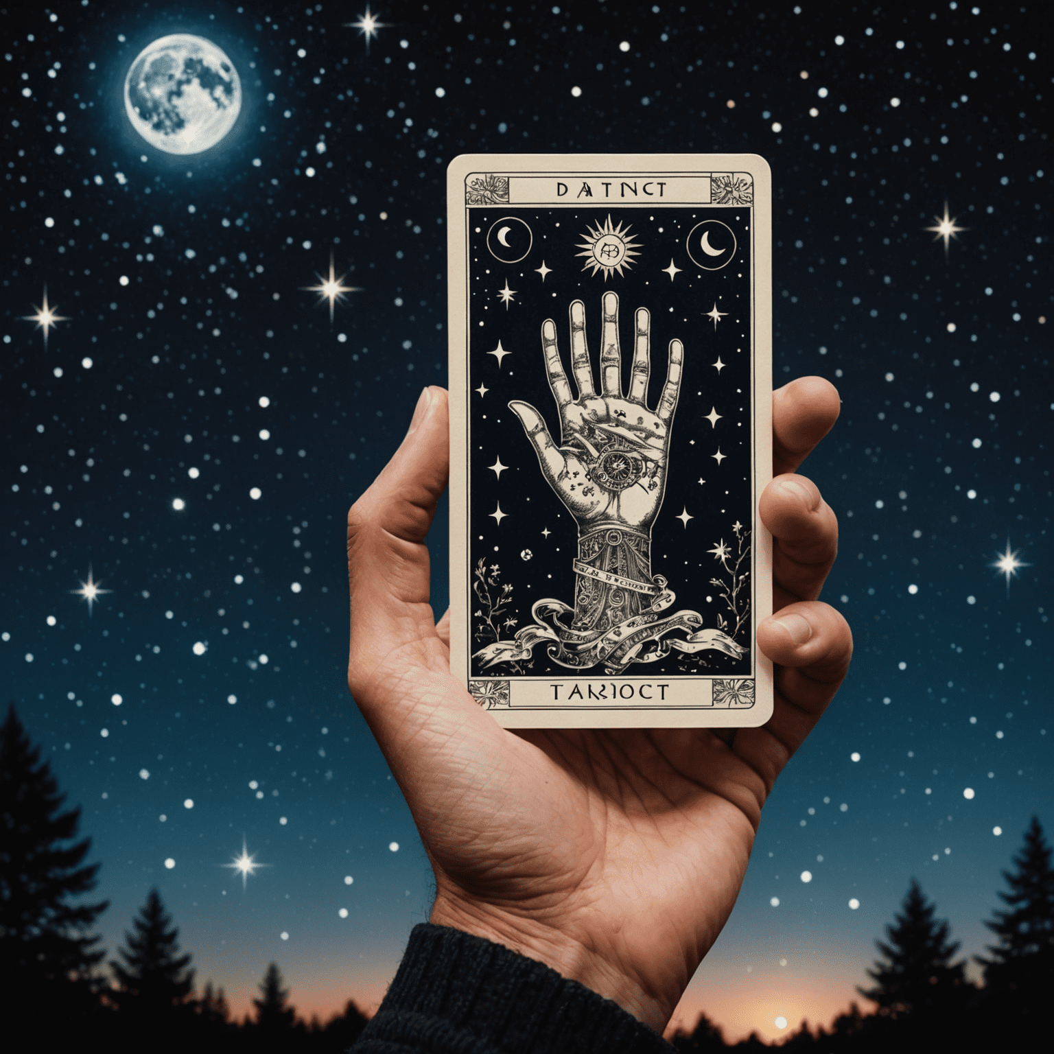 Un'immagine che mostra una mano che tiene delle carte dei tarocchi con simboli astrologici sovrapposti. Sullo sfondo, un cielo notturno pieno di stelle e costellazioni.