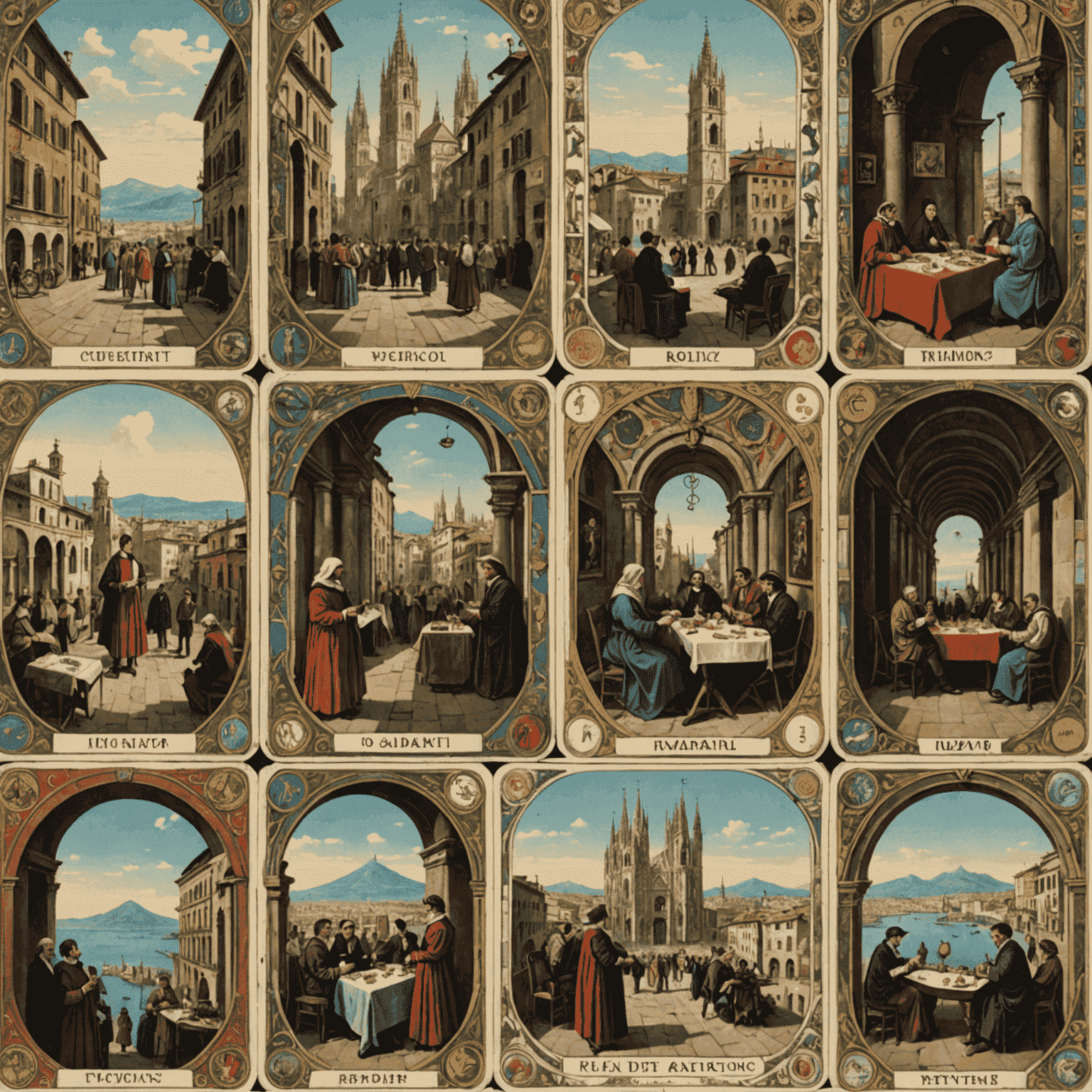 Un collage di immagini che mostrano antiche carte dei tarocchi italiani, panorami di Milano e Napoli, e persone che praticano la cartomanzia in un ambiente tradizionale italiano.